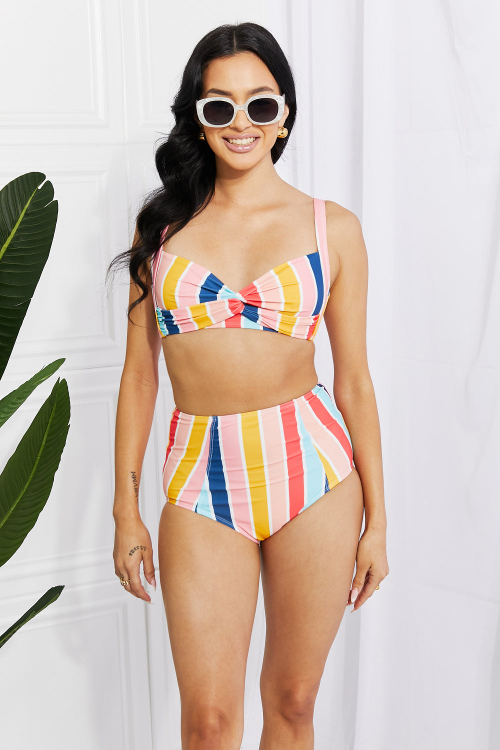 Front view of the Marina West Swim Take A Dip Twist High-Rise Bikini in Stripe.