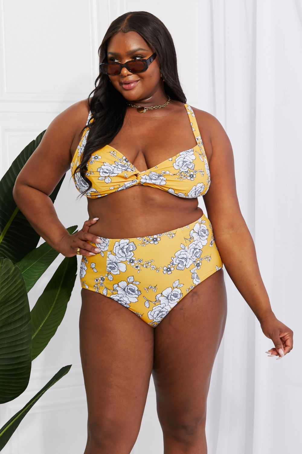 Front view of the Marina West Swim Take A Dip Twist High-Rise Bikini in Mustard.